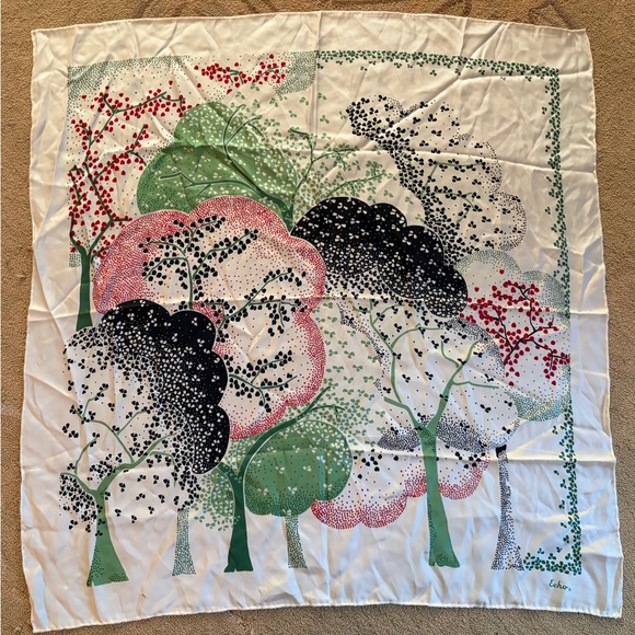 Echo Accessories - Vintage Echo Abstract Tree Print Silky Scarf White Green Red